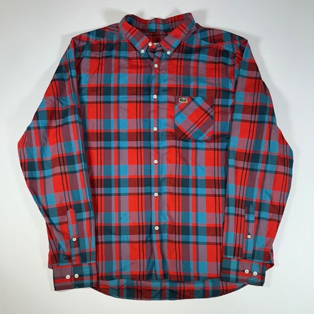 Lacoste L!VE Mens 45 XL Plaid Shirt Red Blue Long Sleeve Button Down NWT Flaw